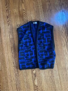 Jaeger Wool Sweater Vest Made in UK Blue Black Pattern Size M